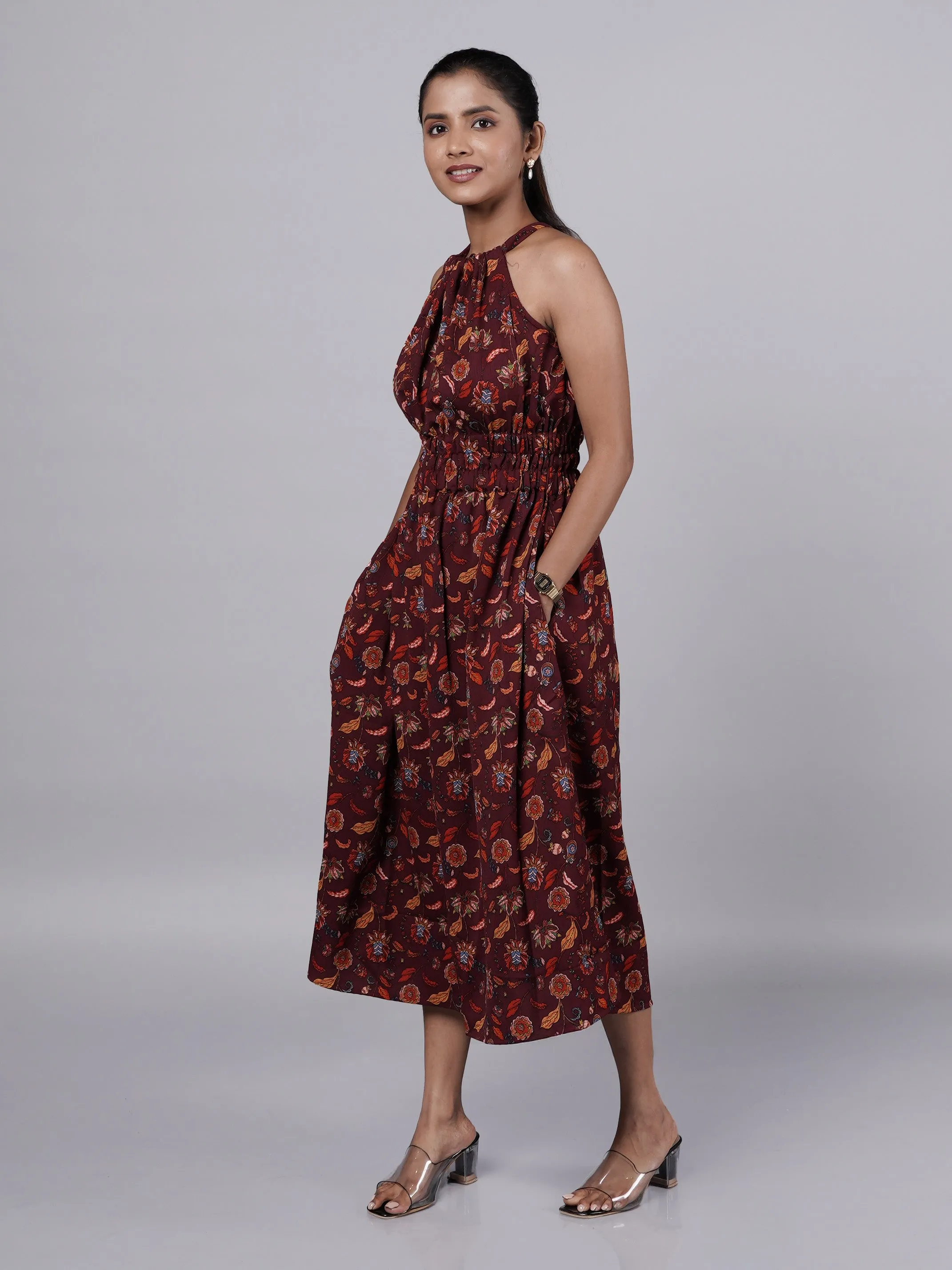 Dobby Printed Maroon A Line Dress French Theory