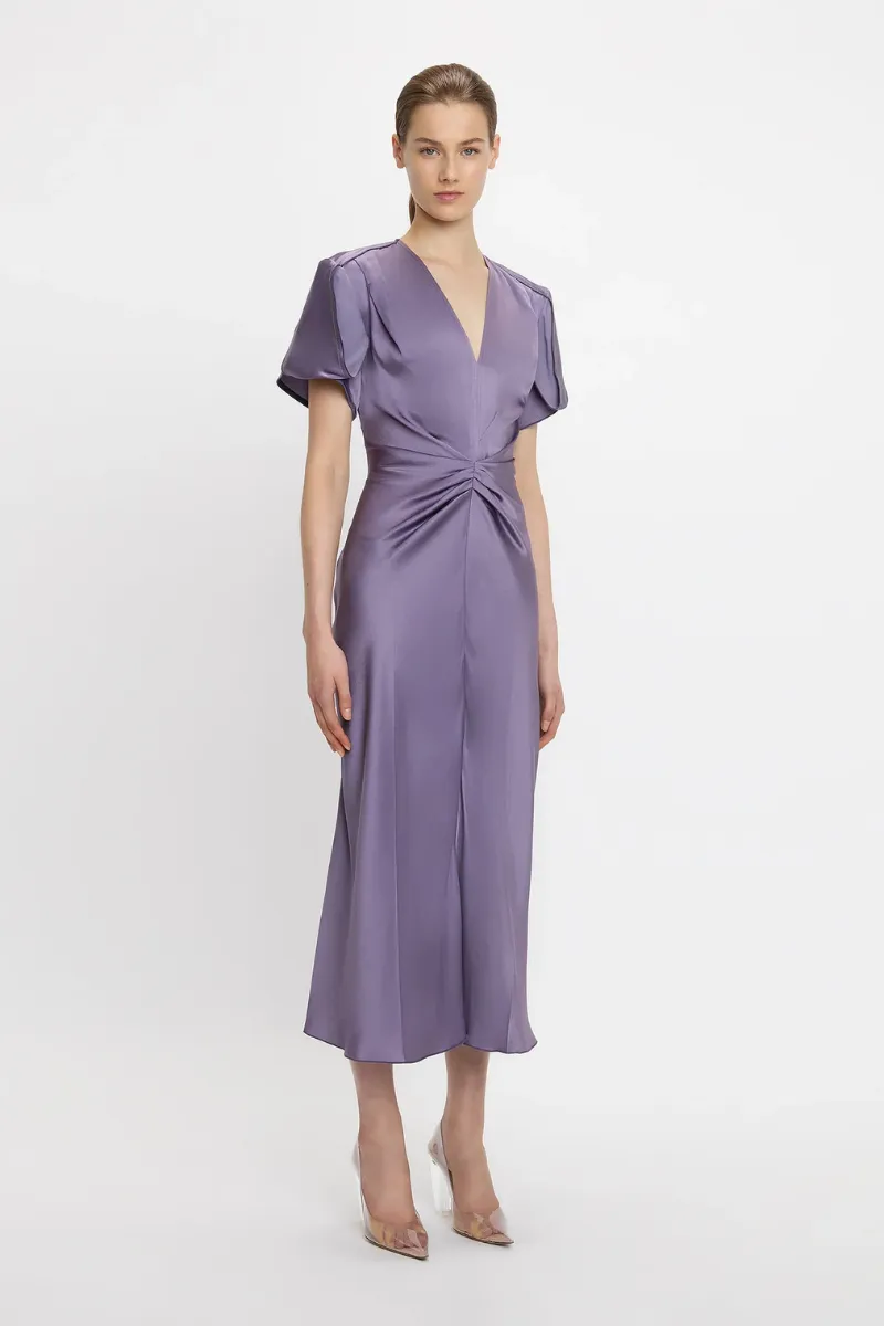 Gathered V-Neck Midi Dress