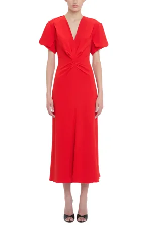 Gathered V-Neck Midi Dress
