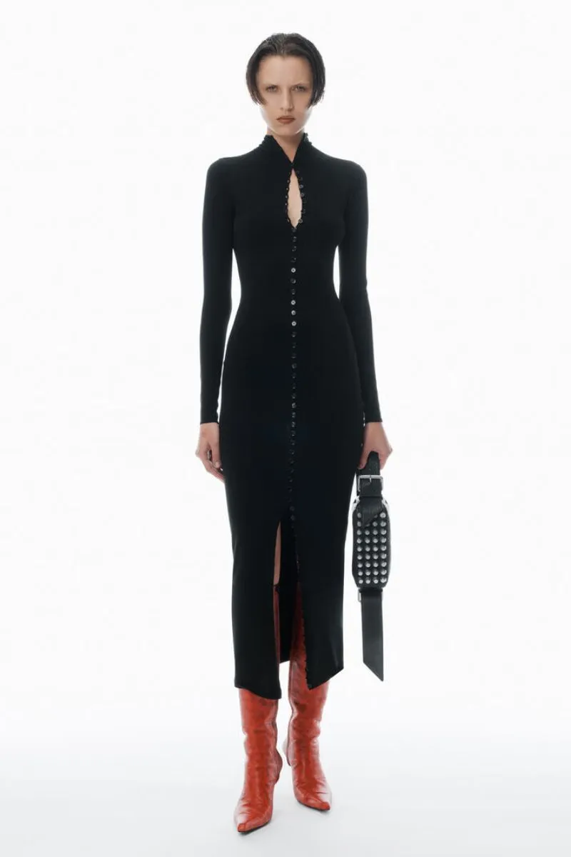 High-Neck Button Dress