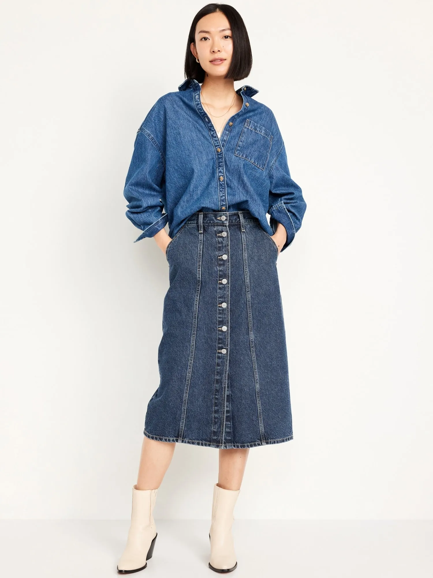 High-Waisted Jean Midi Skirt
