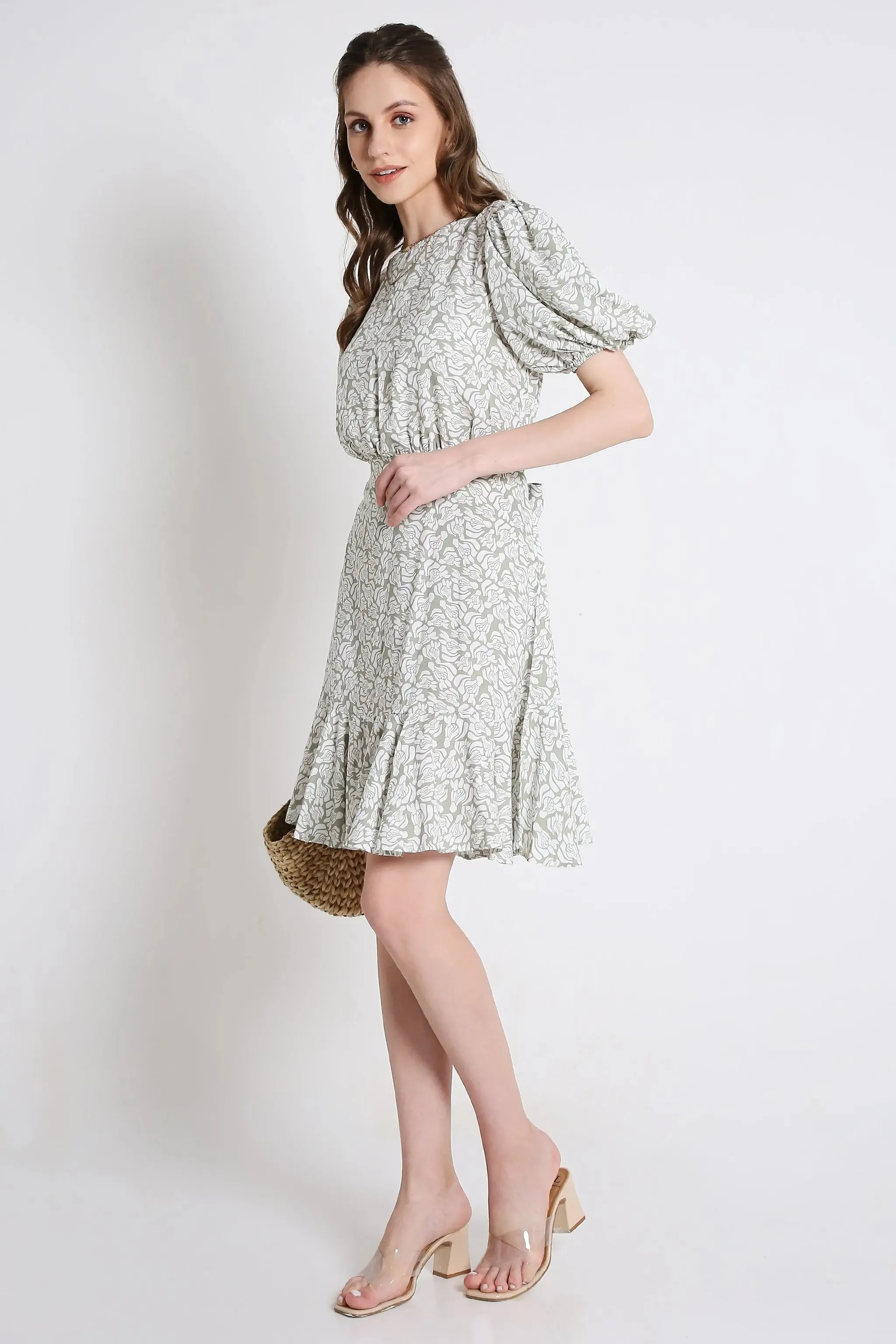 Printed Short Dress with Balloon Sleeve French Theory