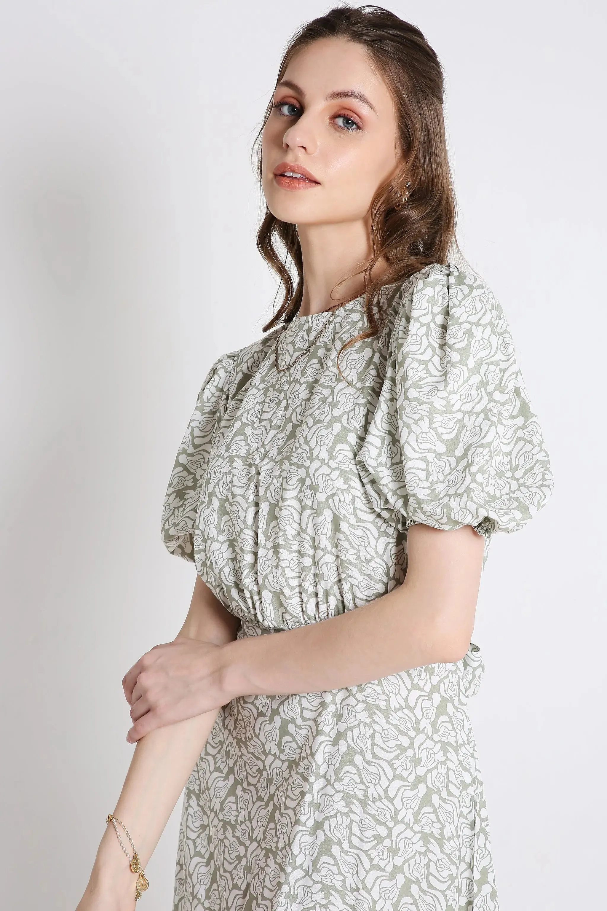 Printed Short Dress with Balloon Sleeve French Theory