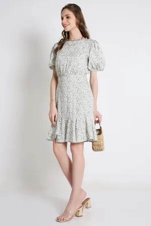 Printed Short Dress with Balloon Sleeve French Theory