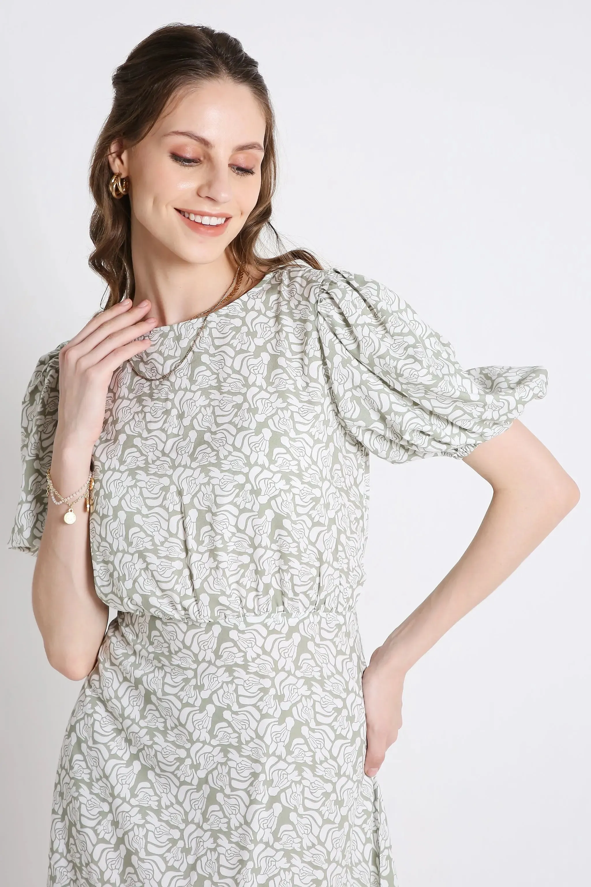 Printed Short Dress with Balloon Sleeve French Theory