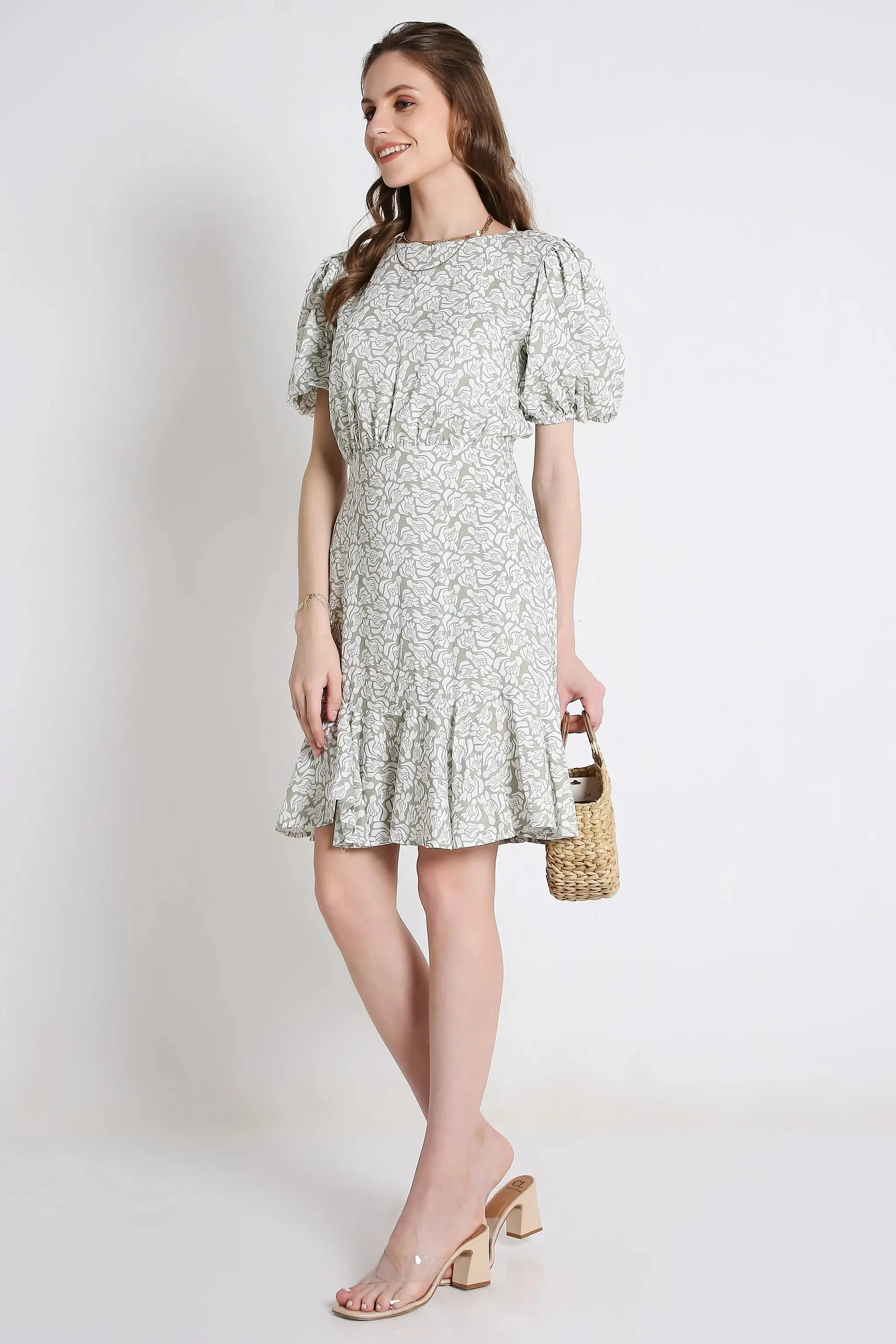 Printed Short Dress with Balloon Sleeve French Theory