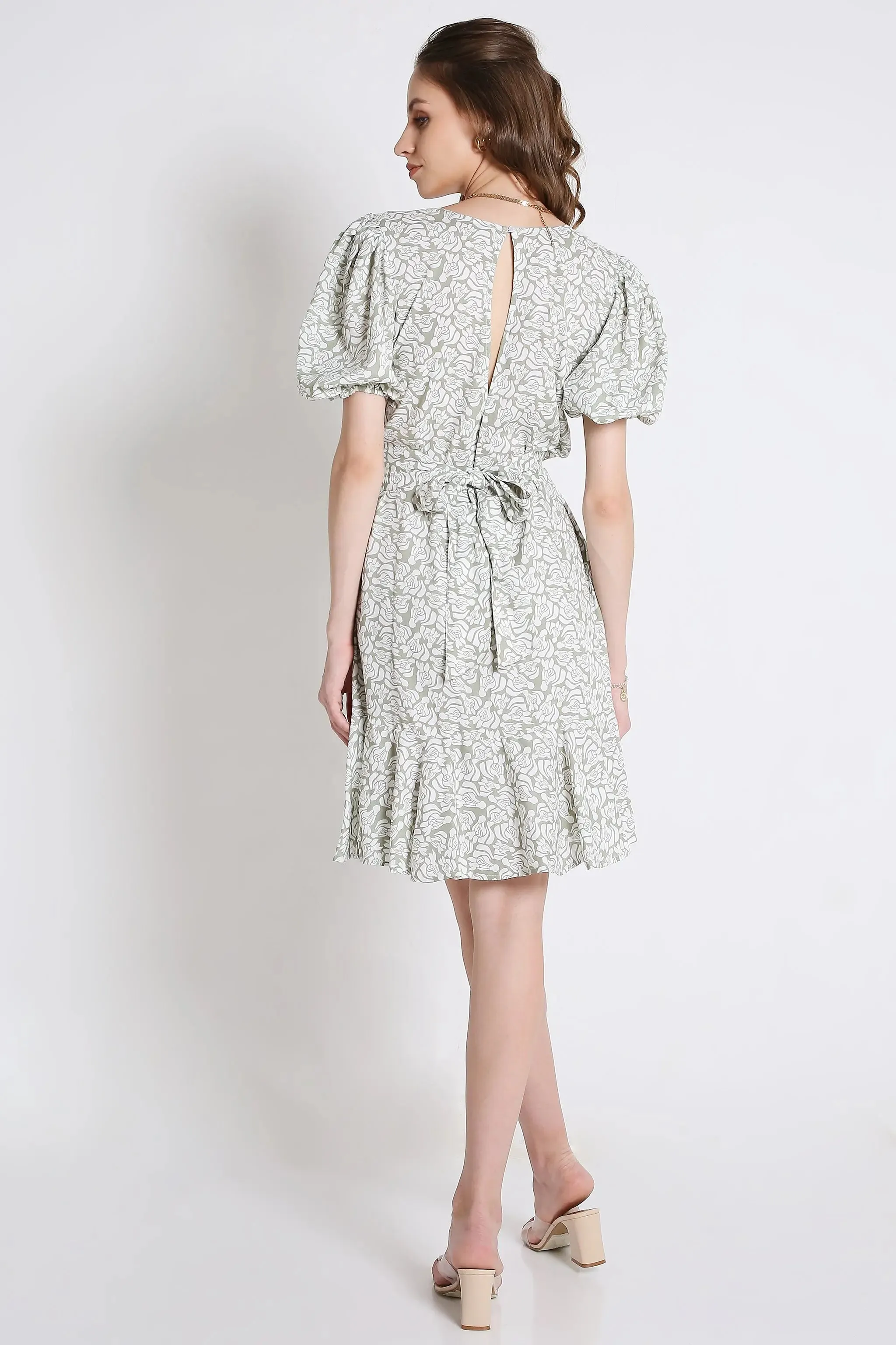 Printed Short Dress with Balloon Sleeve French Theory