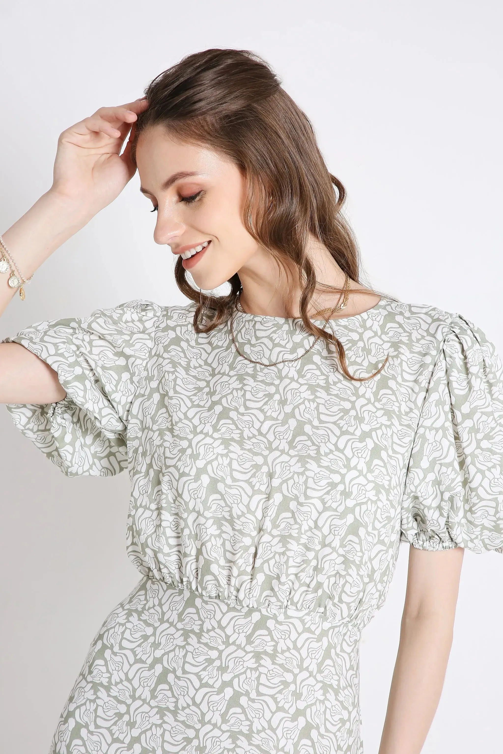 Printed Short Dress with Balloon Sleeve French Theory