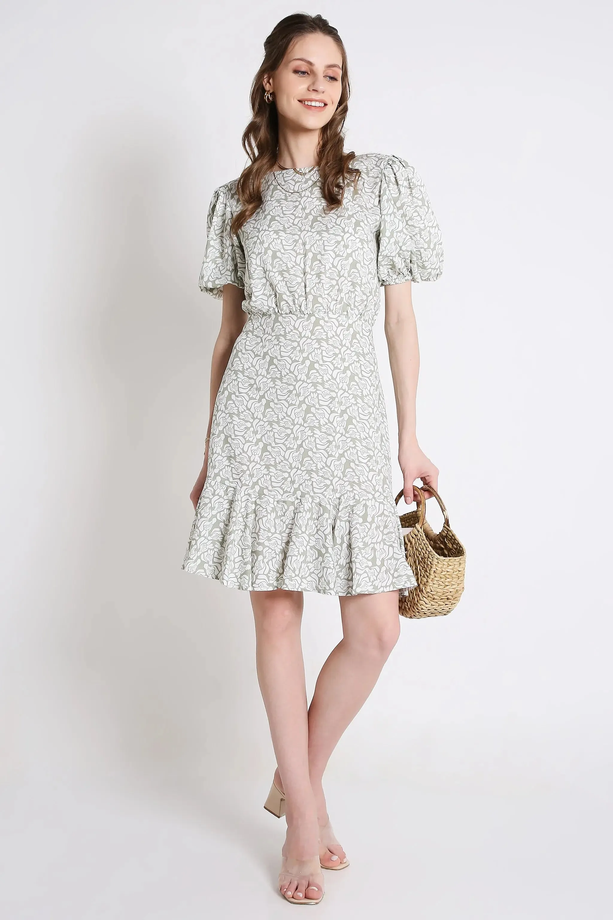 Printed Short Dress with Balloon Sleeve French Theory