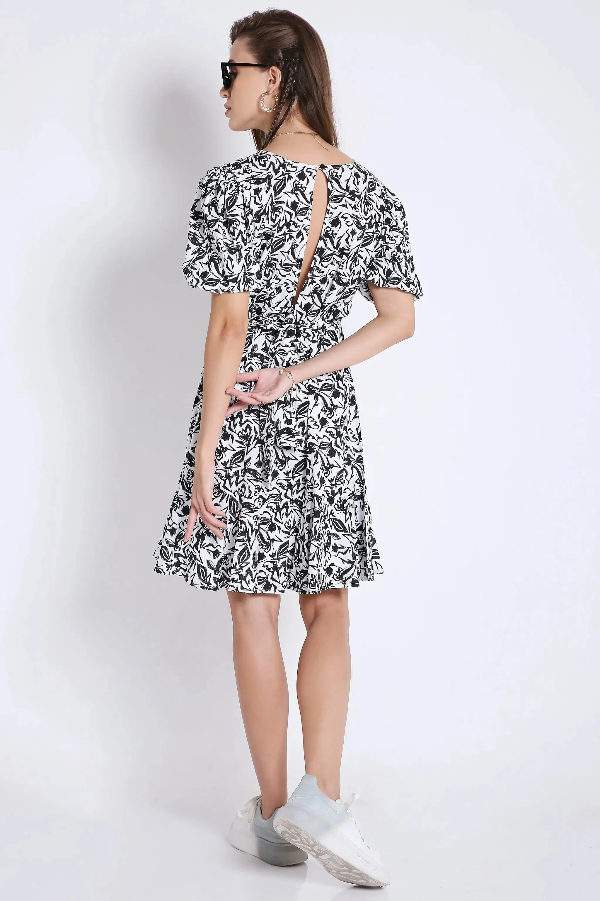 Printed Short Dress with Balloon Sleeve French Theory