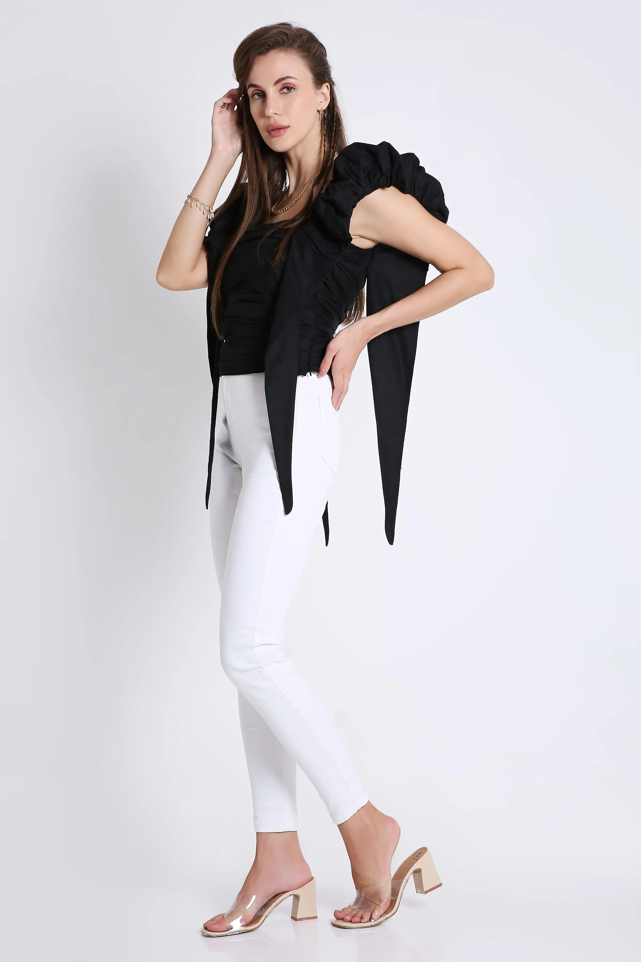 Trendy Black Women's Top With Puff Sleeve French Theory