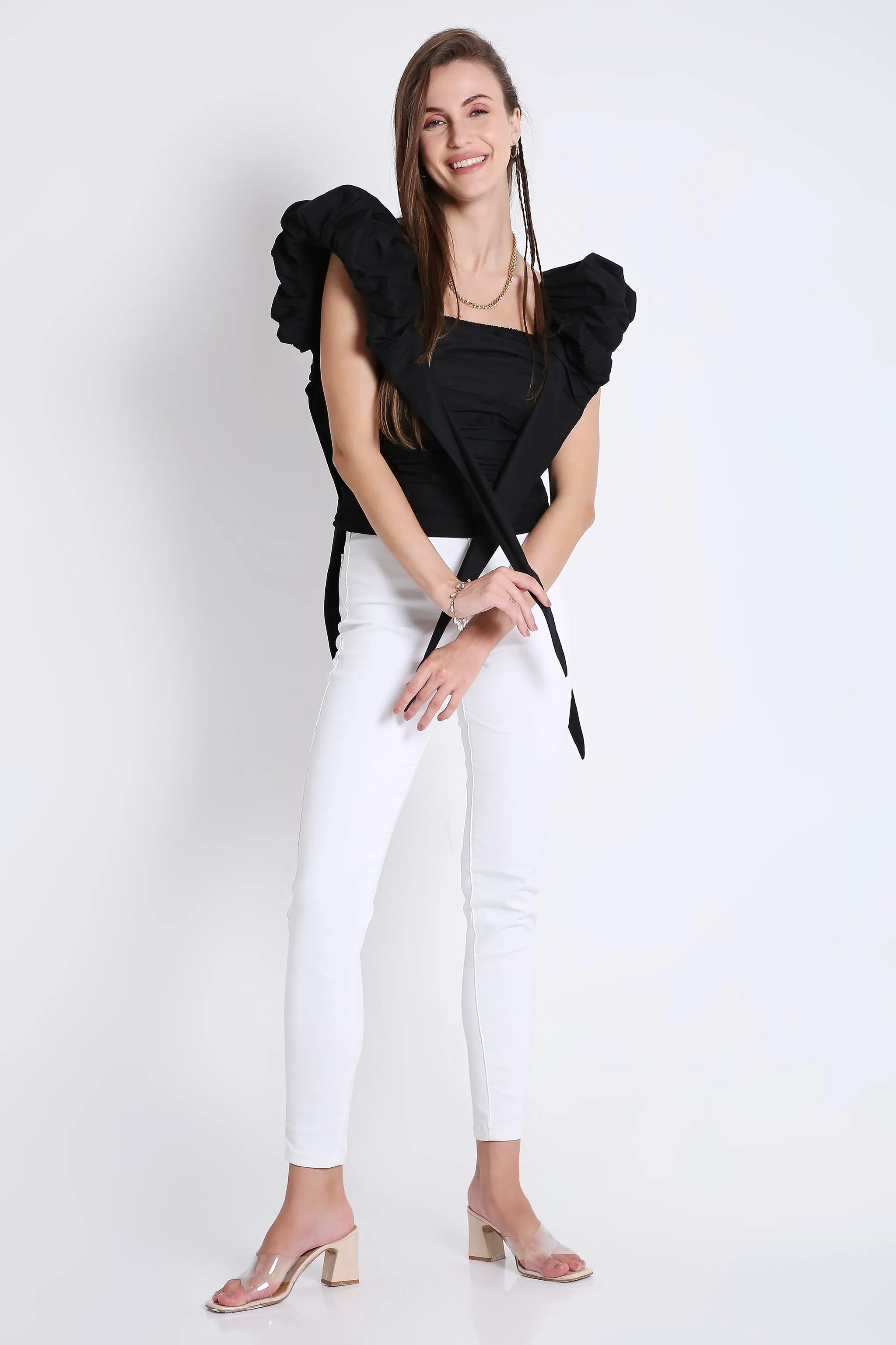 Trendy Black Women's Top With Puff Sleeve French Theory
