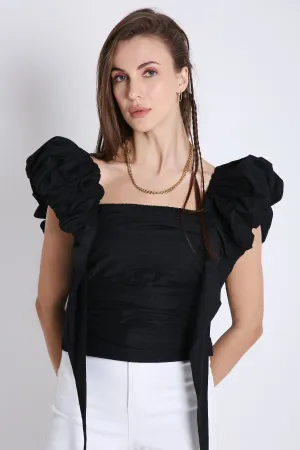 Trendy Black Women's Top With Puff Sleeve French Theory