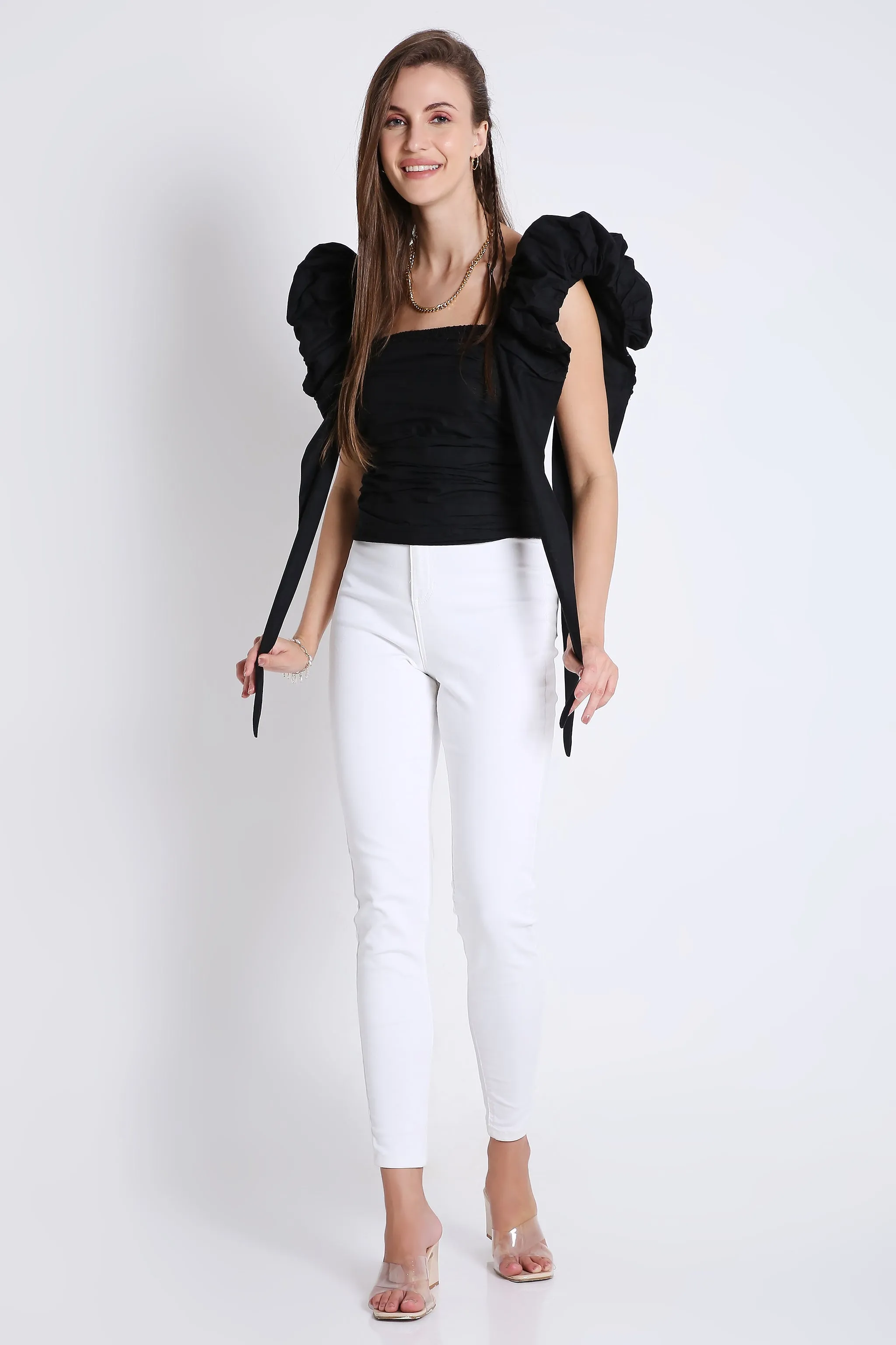 Trendy Black Women's Top With Puff Sleeve French Theory