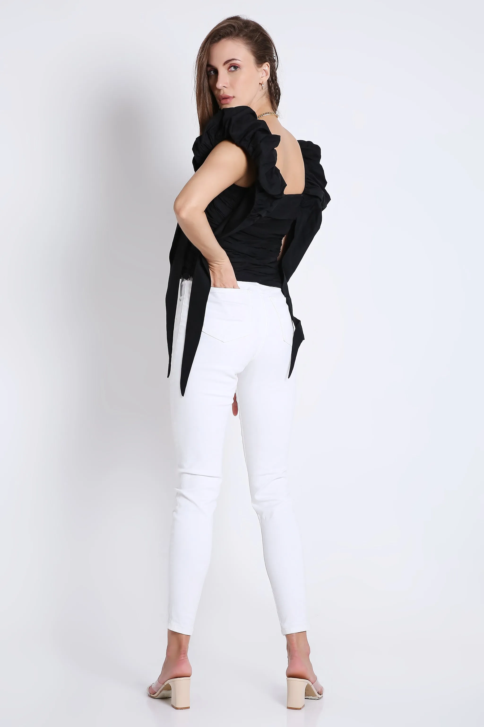 Trendy Black Women's Top With Puff Sleeve French Theory