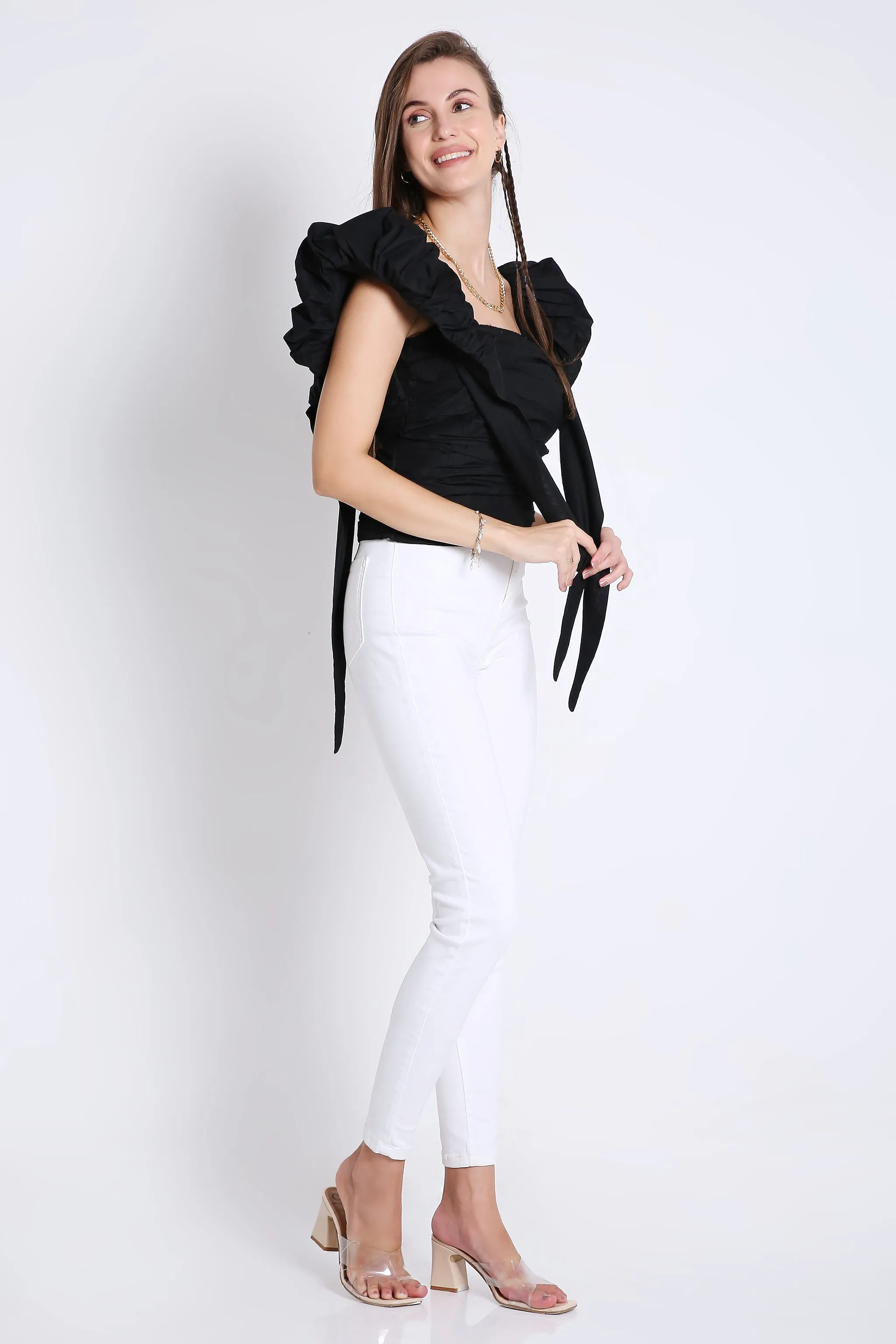 Trendy Black Women's Top With Puff Sleeve French Theory