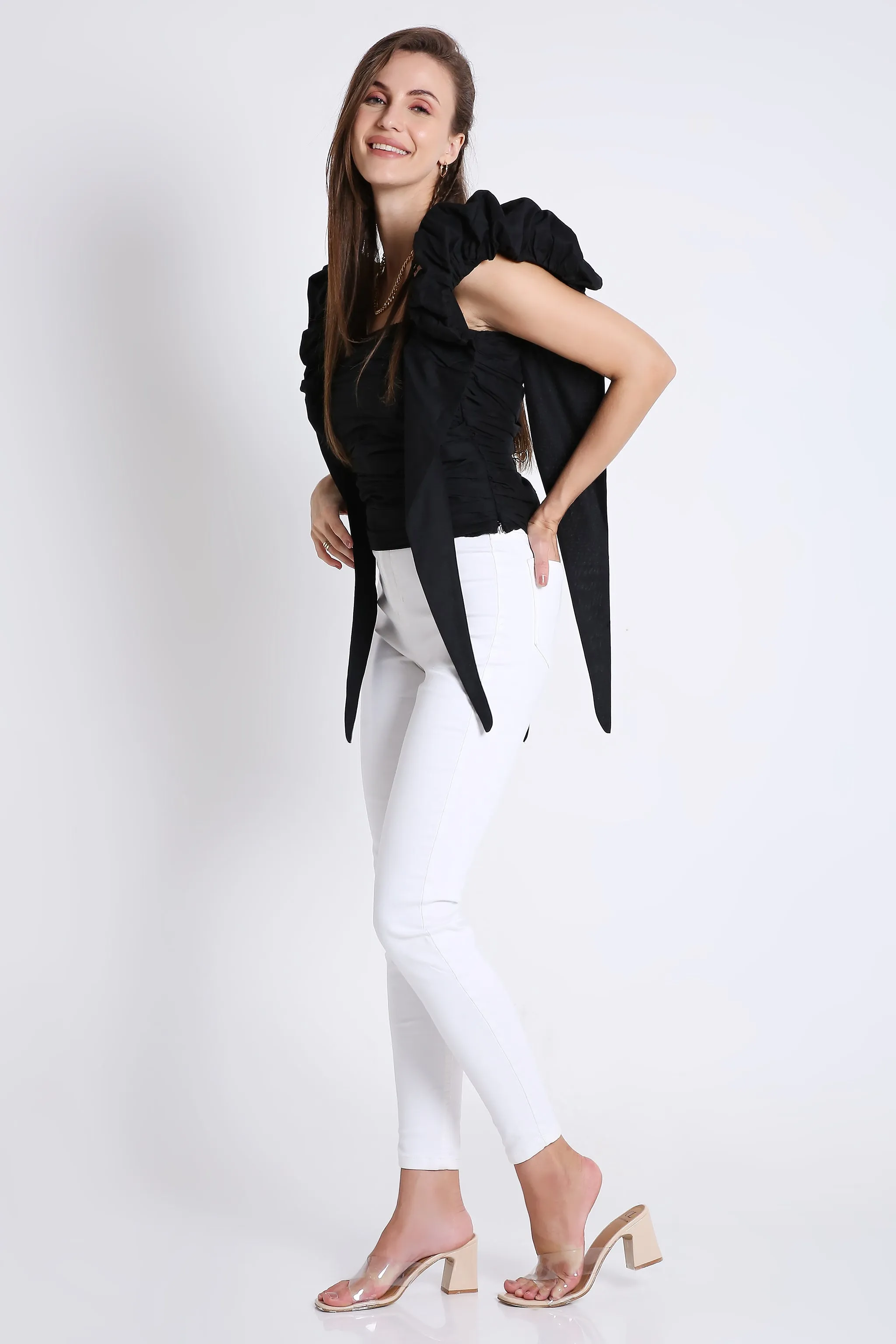 Trendy Black Women's Top With Puff Sleeve French Theory
