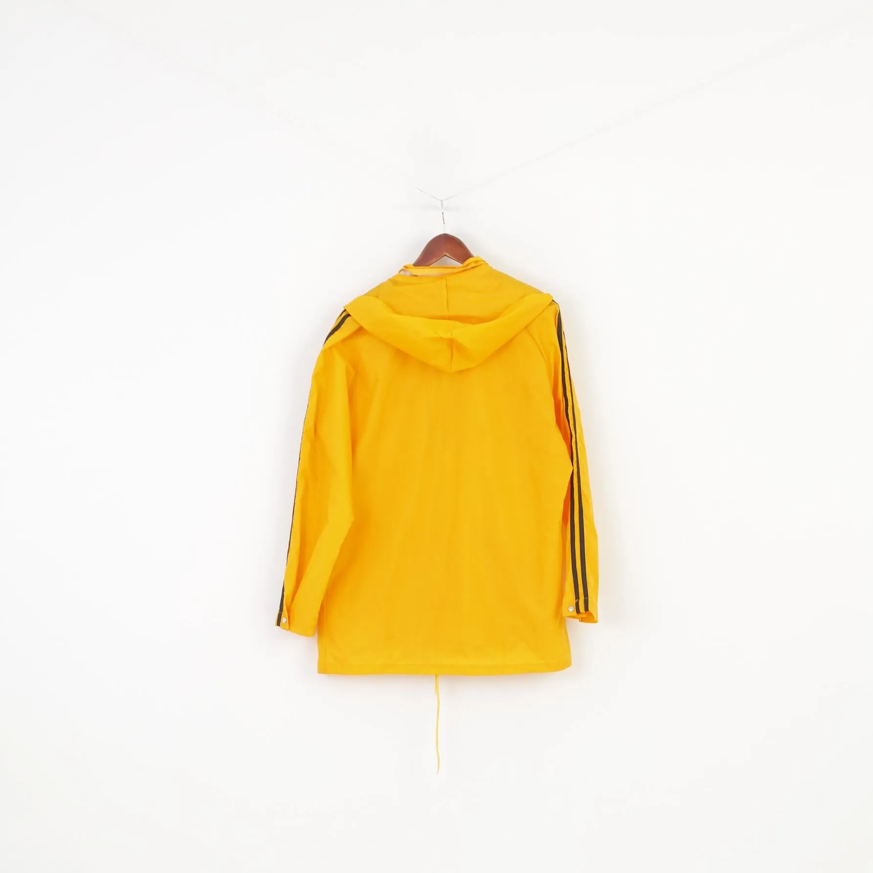 Vintage Men M Jacket Nylon Yellow Stripes Retractable Hood Full Zipper Long Sleeve Waterproof Outwear Top