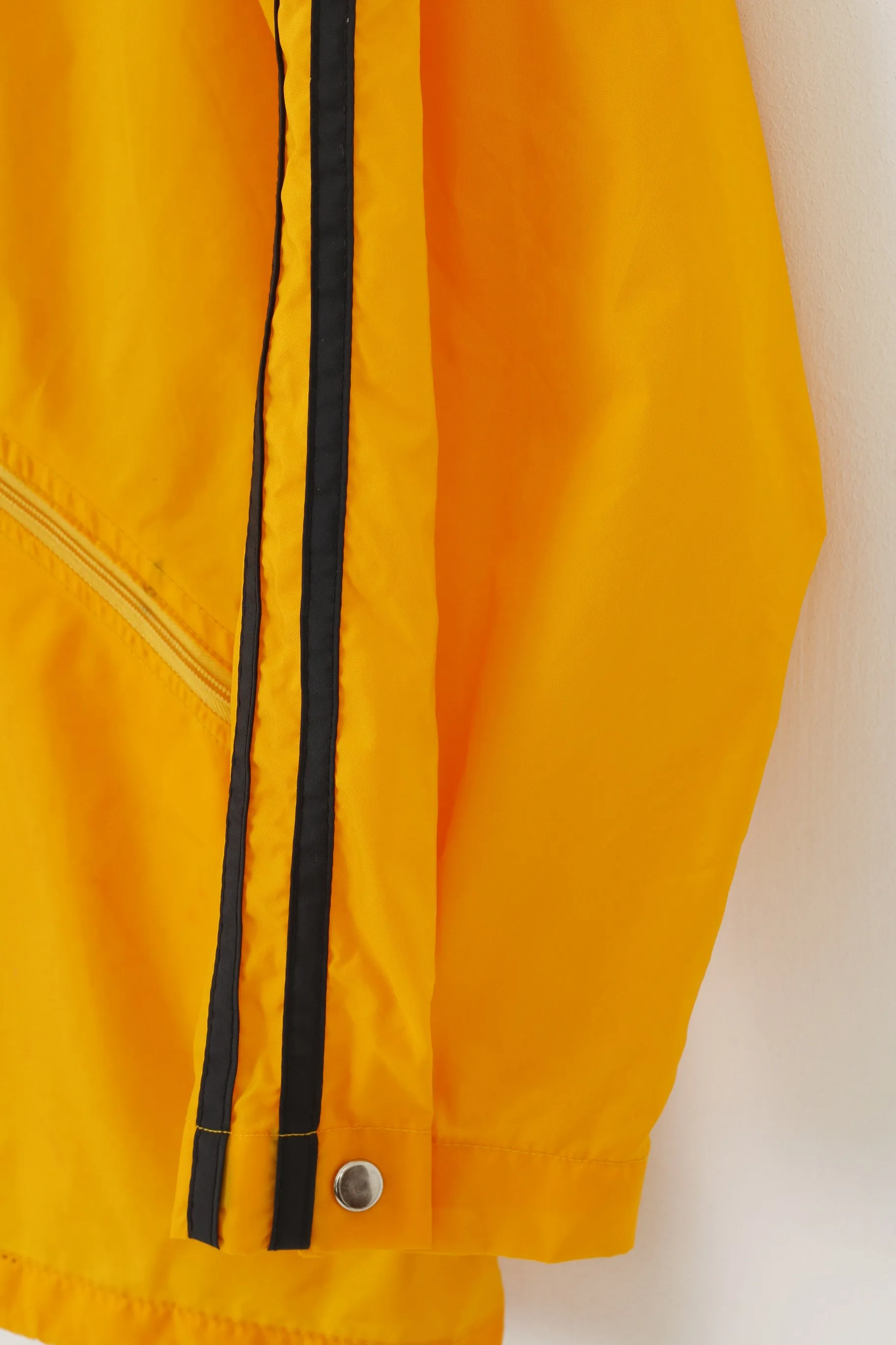 Vintage Men M Jacket Nylon Yellow Stripes Retractable Hood Full Zipper Long Sleeve Waterproof Outwear Top