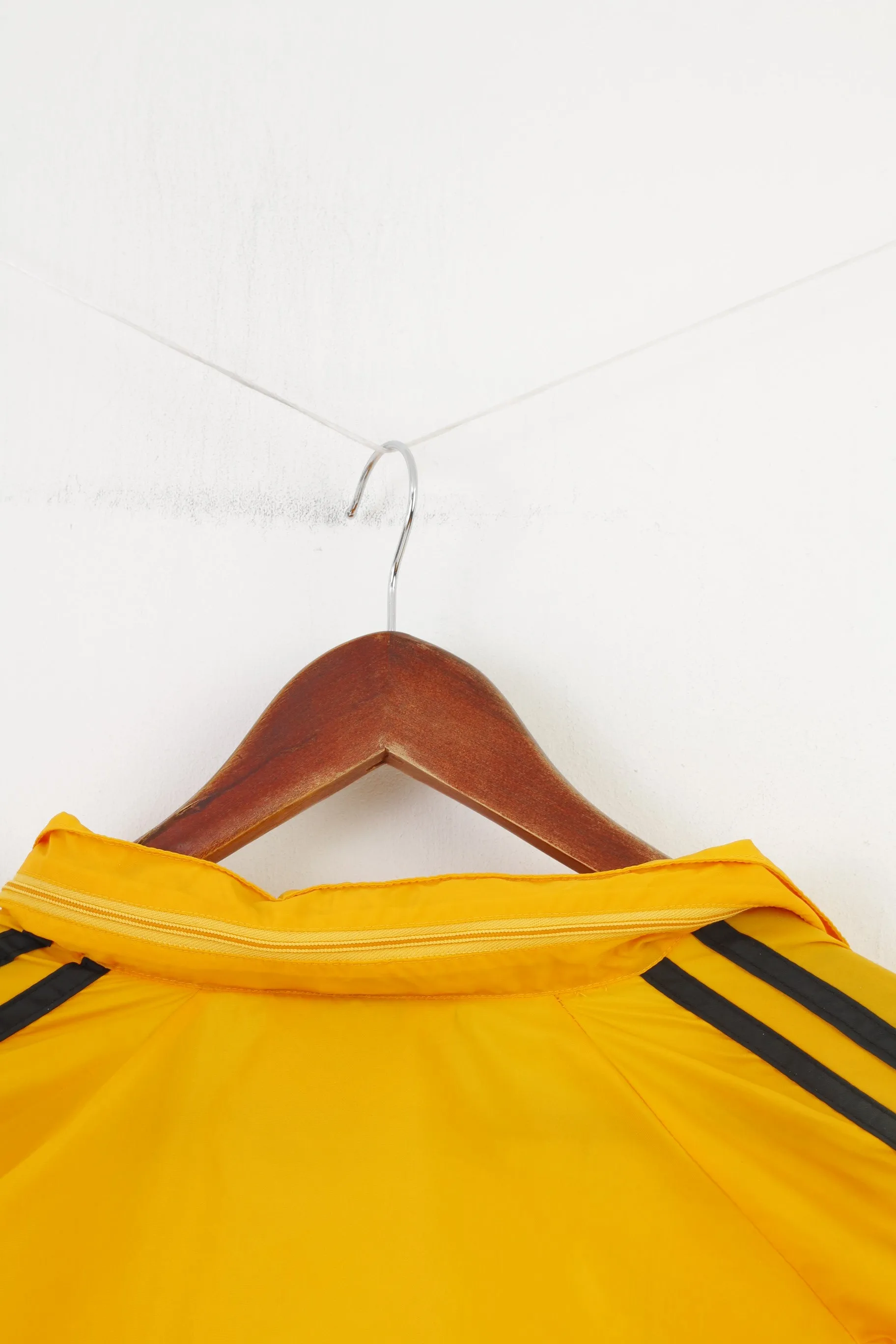 Vintage Men M Jacket Nylon Yellow Stripes Retractable Hood Full Zipper Long Sleeve Waterproof Outwear Top