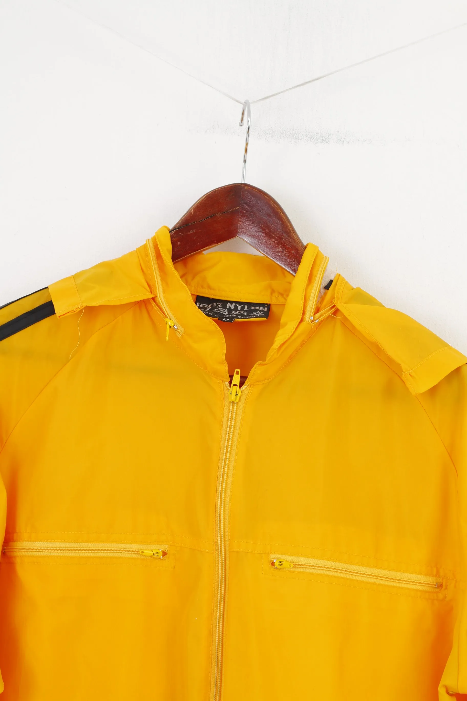 Vintage Men M Jacket Nylon Yellow Stripes Retractable Hood Full Zipper Long Sleeve Waterproof Outwear Top