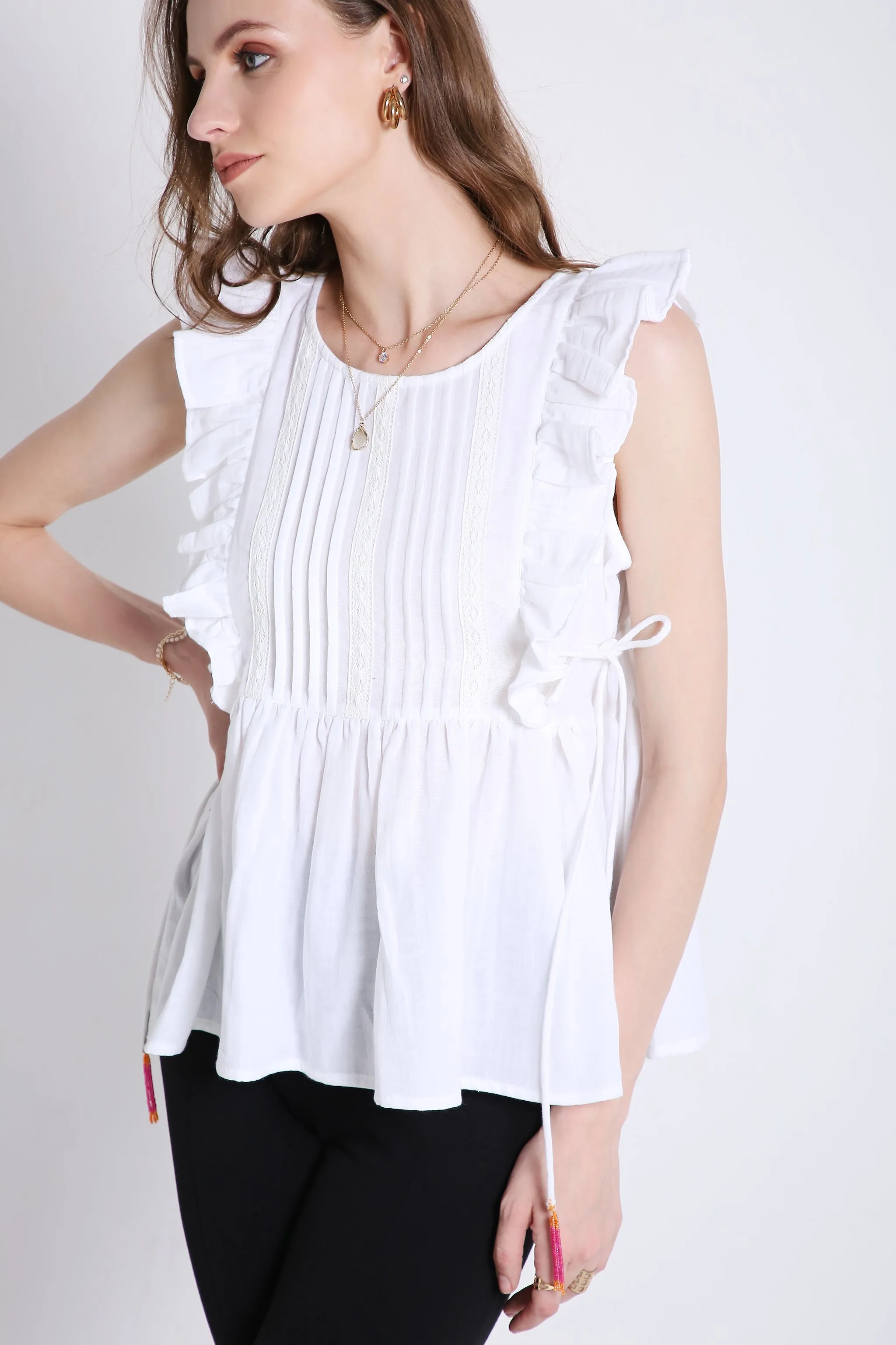 White Sleeveless Top with Lace & Contrast Toggle Detail French Theory