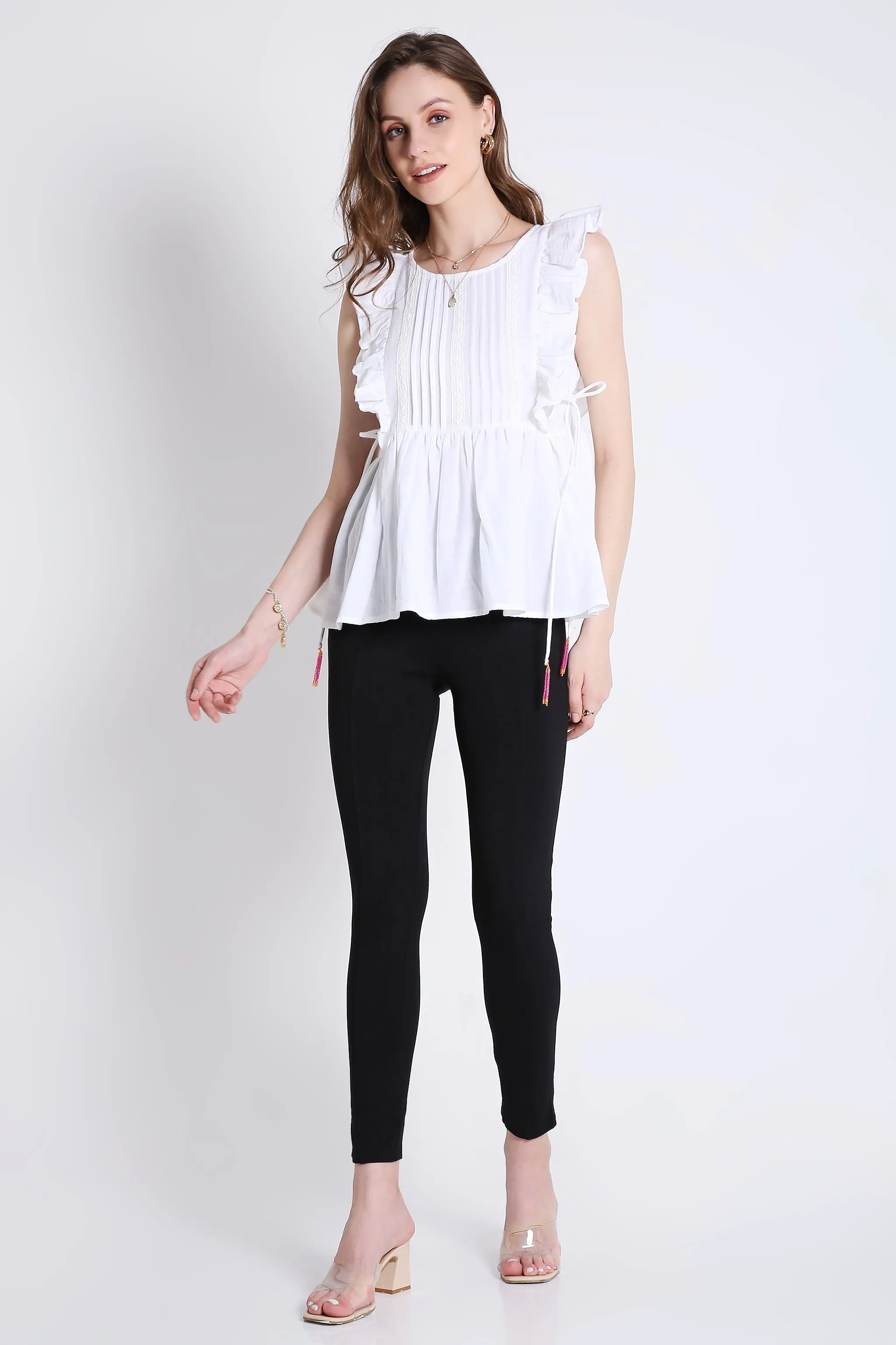 White Sleeveless Top with Lace & Contrast Toggle Detail French Theory