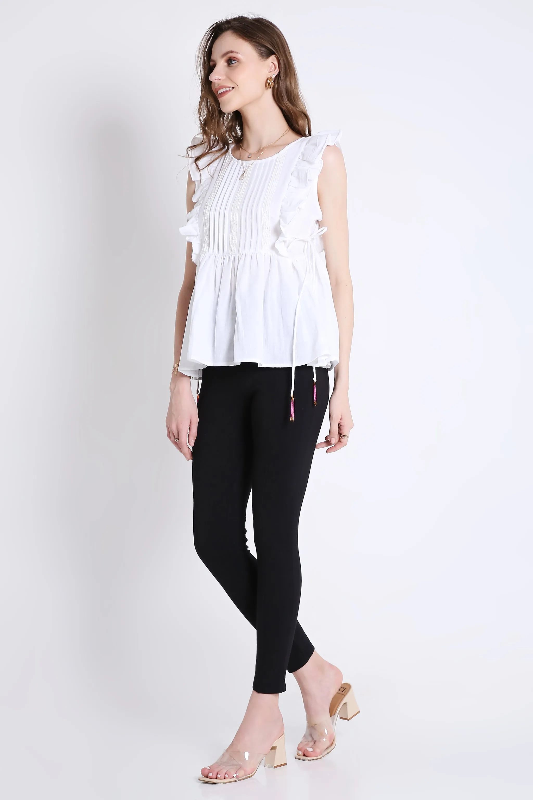 White Sleeveless Top with Lace & Contrast Toggle Detail French Theory