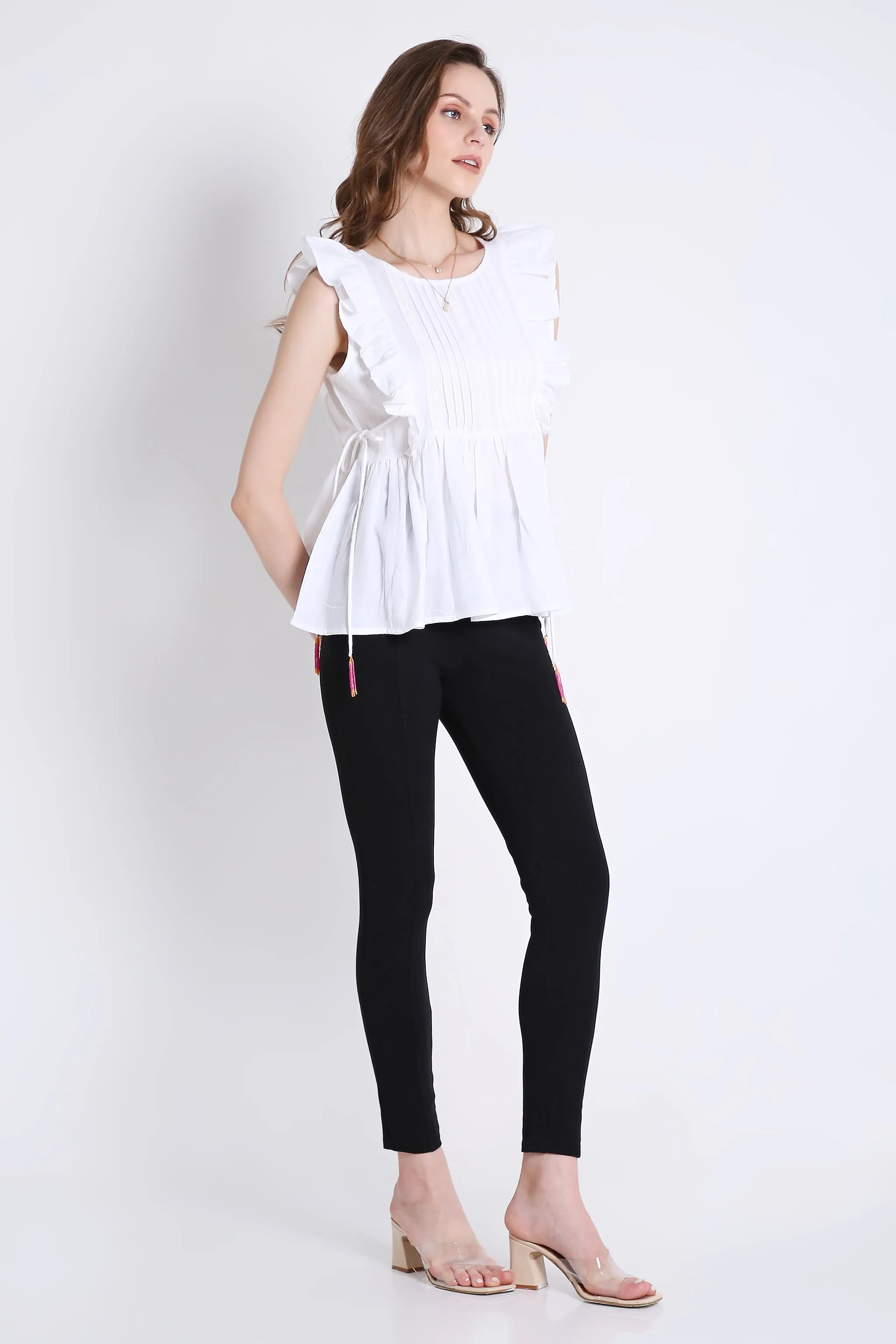 White Sleeveless Top with Lace & Contrast Toggle Detail French Theory