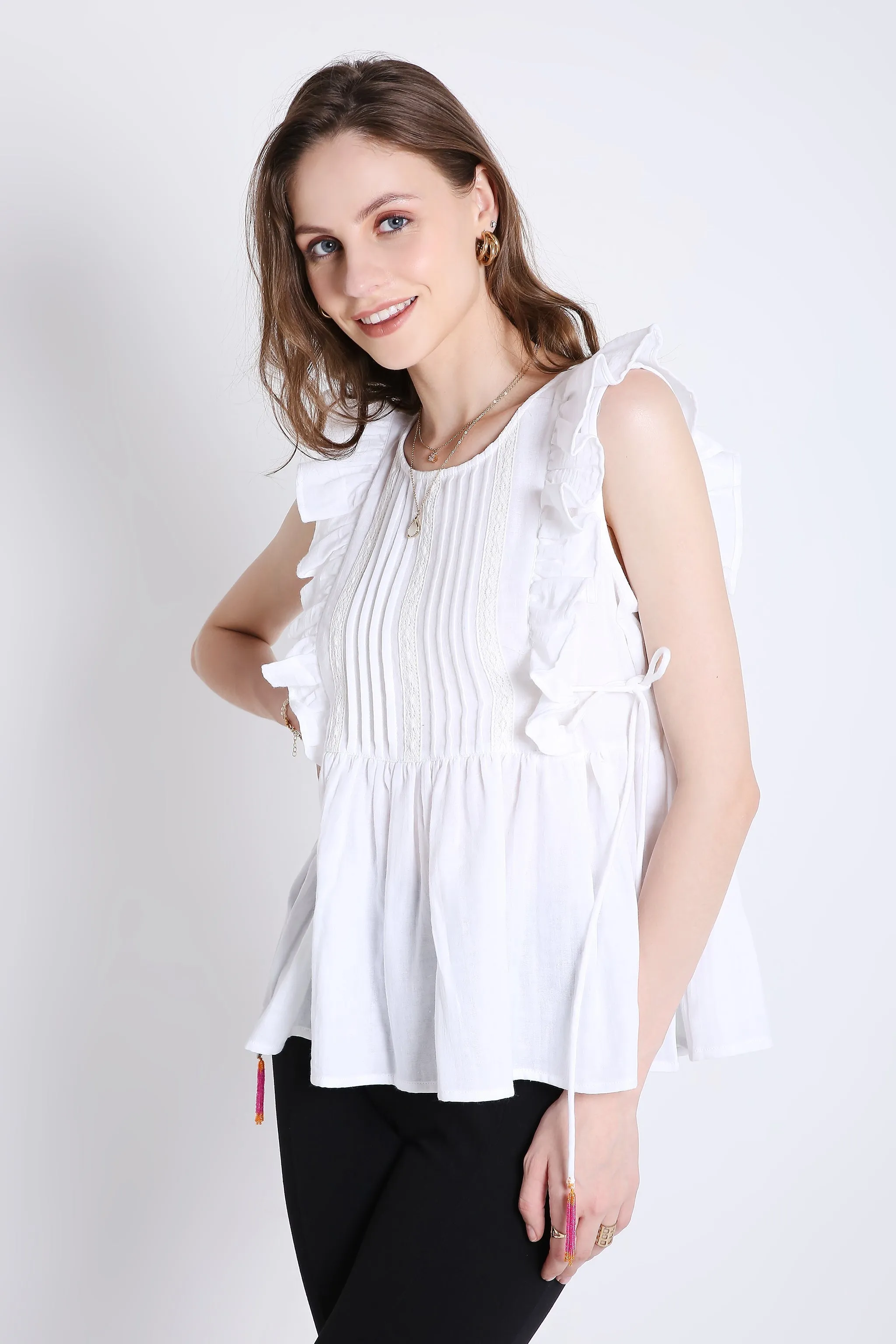 White Sleeveless Top with Lace & Contrast Toggle Detail French Theory