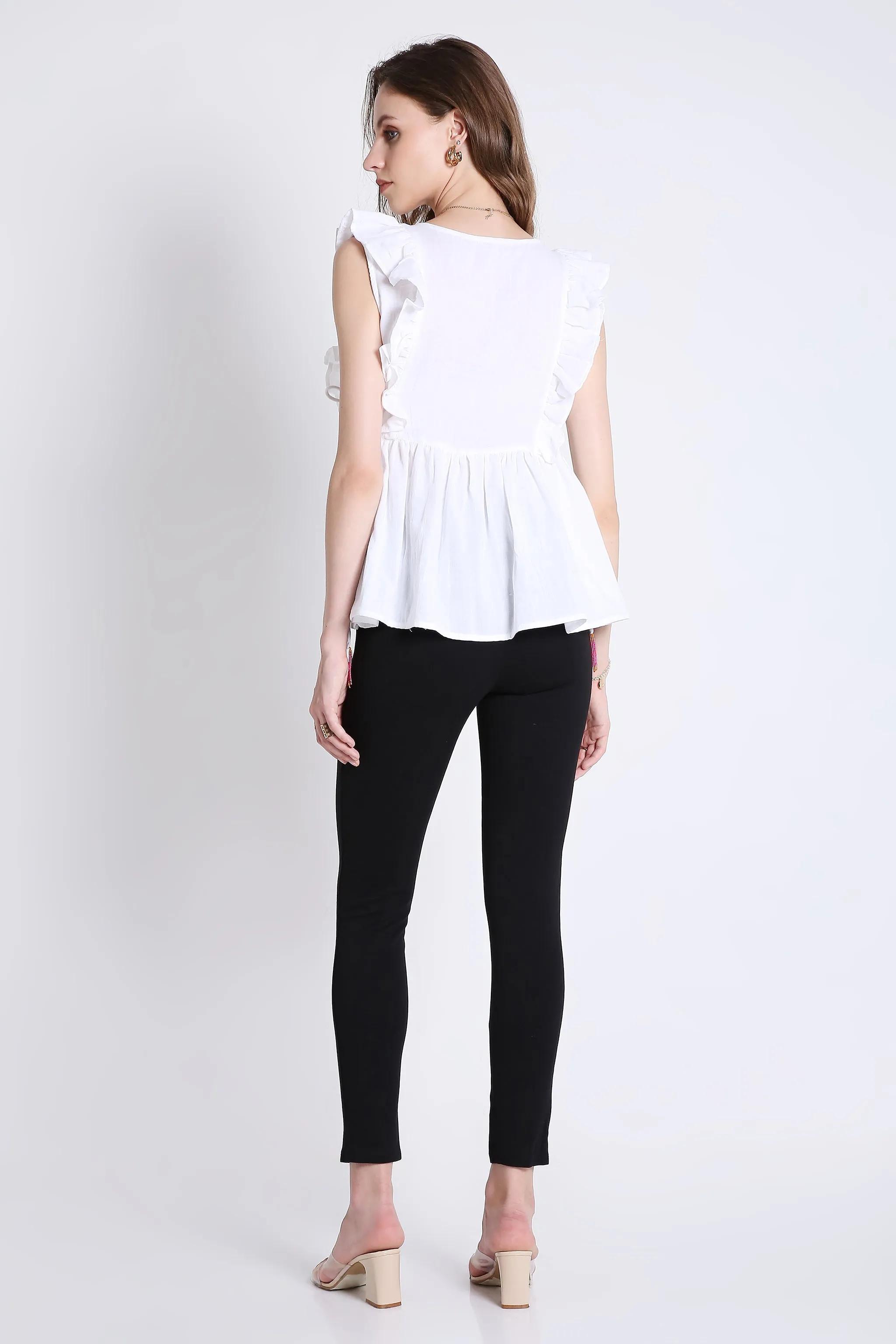 White Sleeveless Top with Lace & Contrast Toggle Detail French Theory