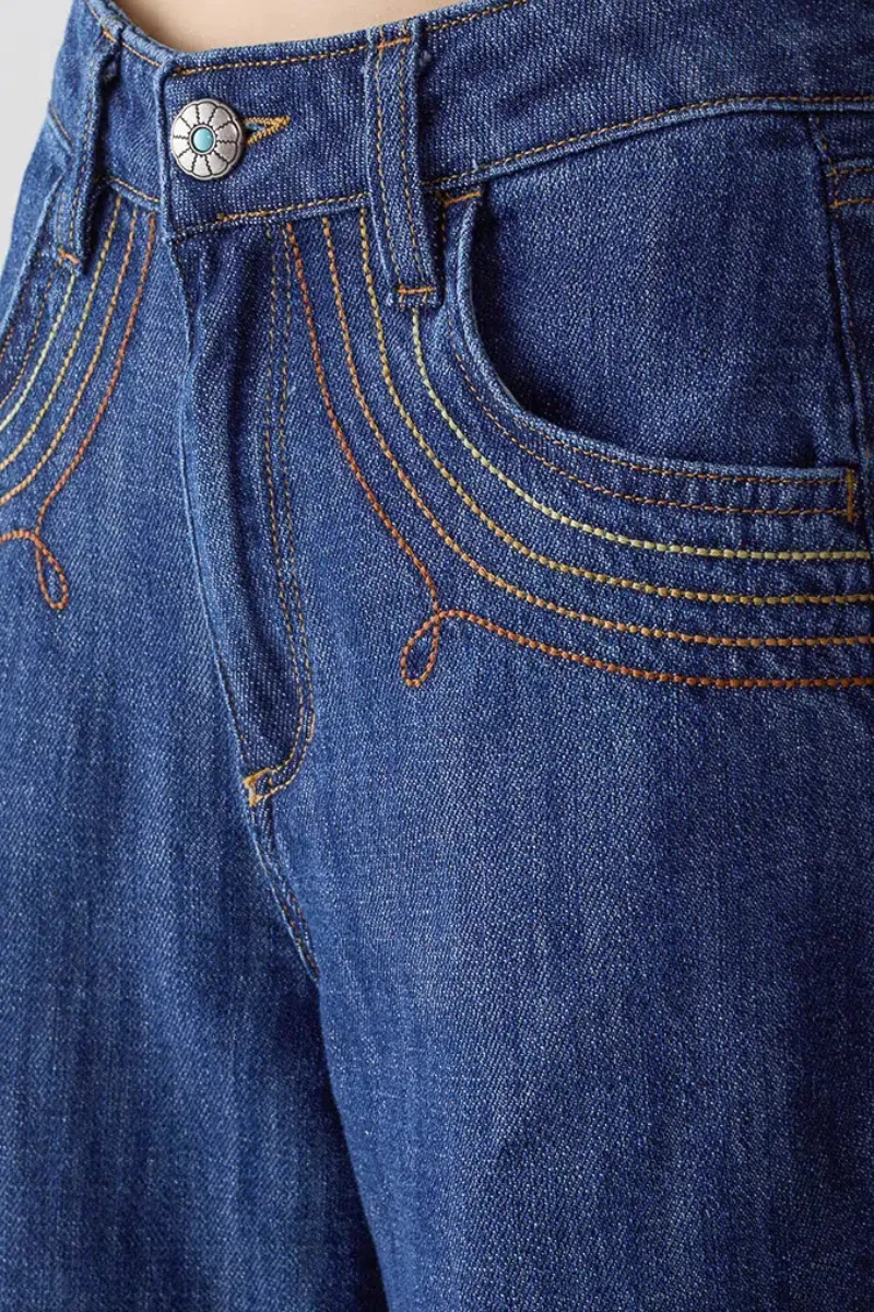 Wide Leg Tobacco Embroidered Jeans